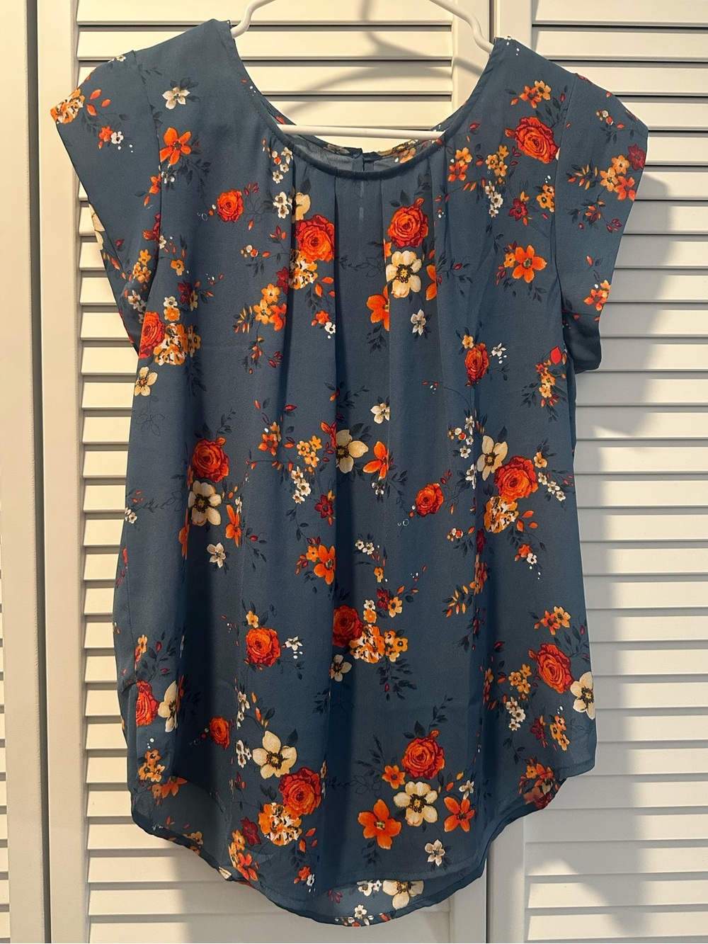 Floral Cap-Sleeve Blouse - Blue with Orange Floral